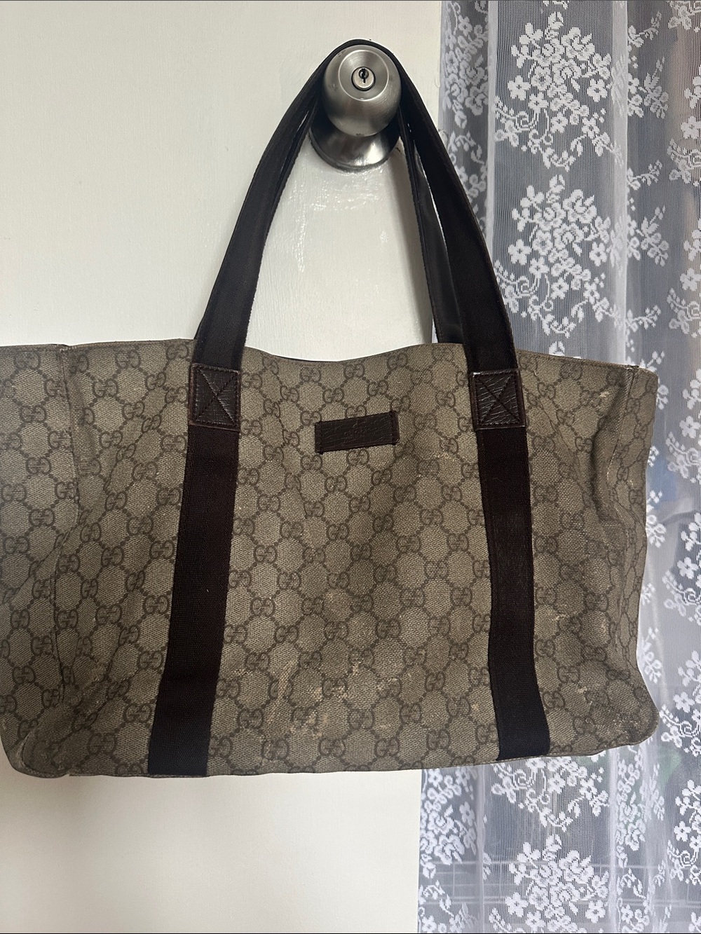 Gucci Beige Monogram Canvas Tote with Dark Brown Straps